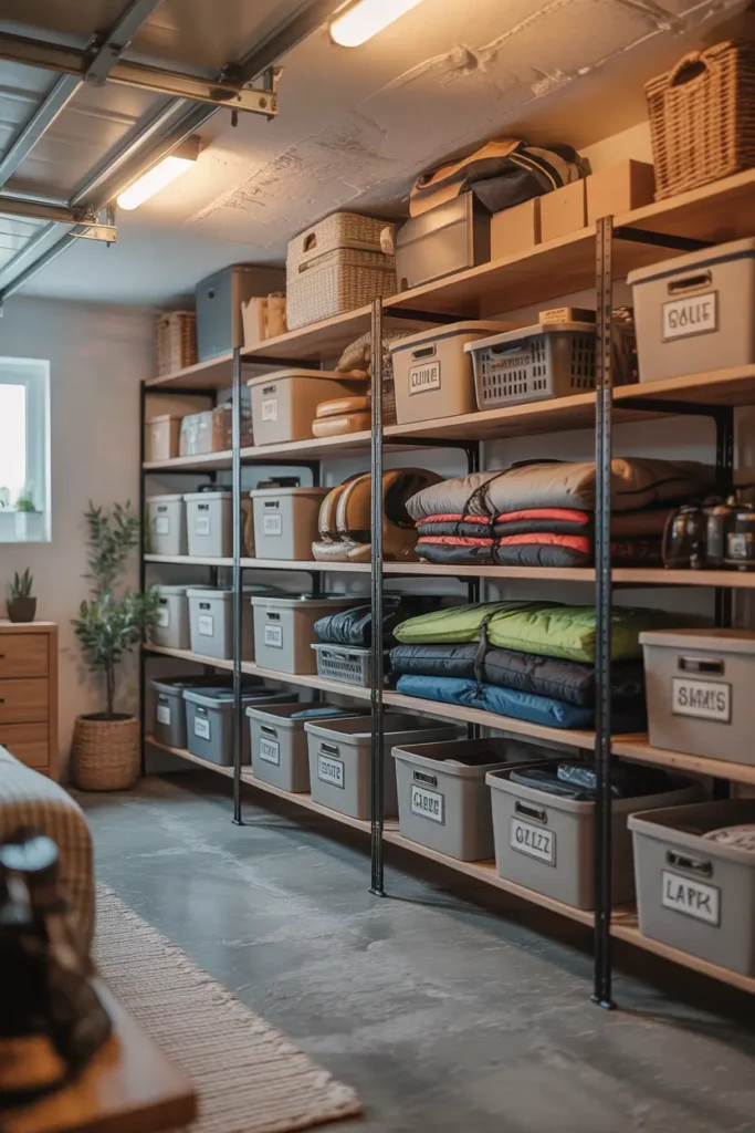 Realistic Pinterest style apartment garage interior with sturdy wall mounted wooden storage shelves filled with labeled storage bins, folded camping gear, and neatly stacked boxes. Soft warm lighting from ceiling fixtures, concrete floor with subtle texture, neutral toned storage baskets, small potted plant on shelf edge, organized modern apartment garage atmosphere, bright clean setting, natural shadows and cozy functional styling.