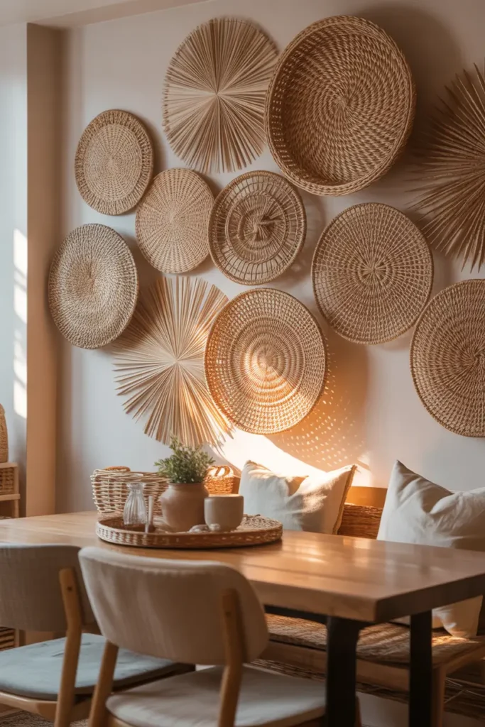 Pinterest style apartment dining corner with decorative woven baskets arranged on soft white wall, natural rattan textures creating warm layered wall display, wooden dining table beneath baskets, neutral chairs, warm afternoon sunlight illuminating woven patterns, cozy bohemian apartment interior styling.