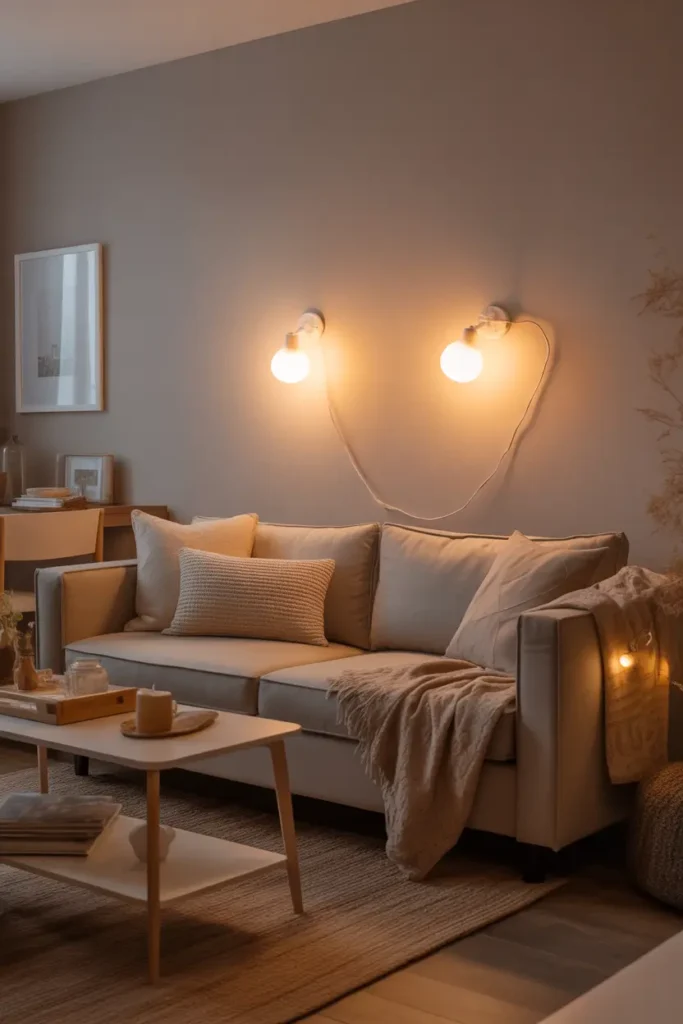 Realistic Pinterest-style small apartment living room at dusk with soft wall sconces or plug in lights glowing above a neutral sofa, warm layered lighting, cream and beige palette, textured pillows, knit throw, small wood coffee table, woven rug, framed wall art, cozy feminine styling, soft evening mood, realistic interior photography with natural shadows, warm atmosphere, tidy but lived in apartment setting.