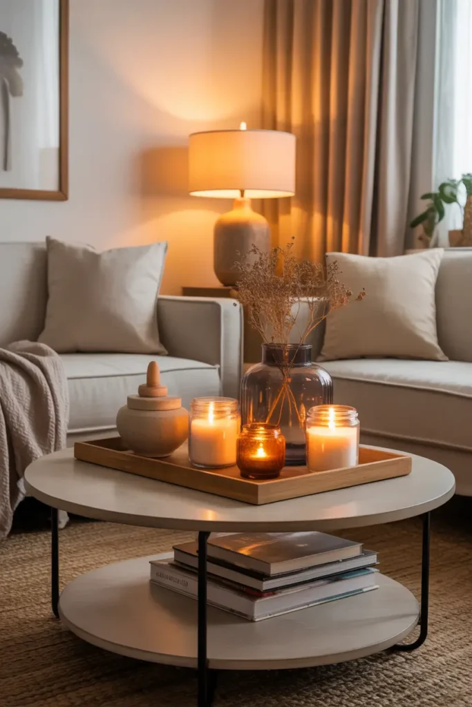 Warm apartment living room coffee table styled with glowing candles in glass jars, neutral books stacked underneath, wooden tray holding ceramic decor, beige sofa behind, woven rug, golden evening lighting creating cozy Pinterest style apartment interior atmosphere.