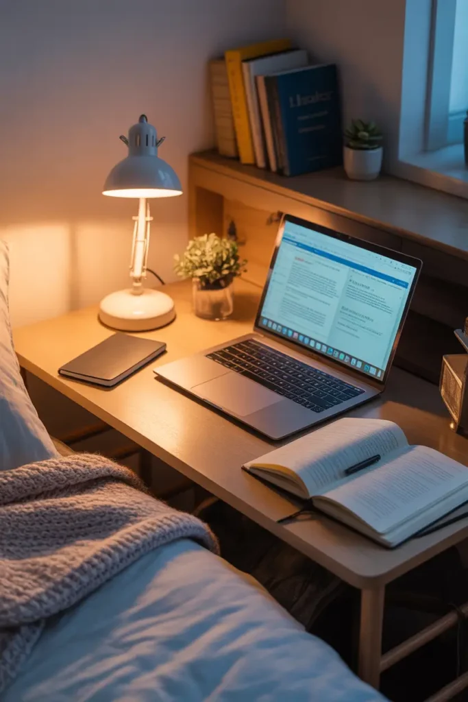 Dorm study desk illuminated by warm desk lamp, laptop and open notebook glowing in soft evening light, cozy bedding nearby with knit blanket, small plant and books stacked on desk, gentle shadows creating peaceful Pinterest style dorm study space with calm nighttime study atmosphere.
