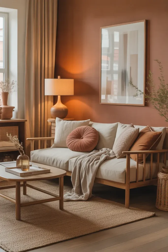 Pinterest style apartment living room with warm earth tones including beige, soft brown, clay accents, wooden furniture, textured pillows, woven rug, warm lamp lighting, calm relaxing interior scene filled with natural colors and cozy layered styling.