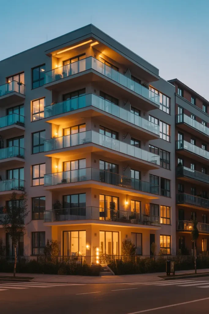 Modern apartment building photographed at dusk with warm yellow lighting glowing from balconies and windows, neutral exterior walls reflecting soft evening sky, glass railings, calm city street atmosphere, high detail Pinterest style architectural photography capturing cozy urban evening mood.