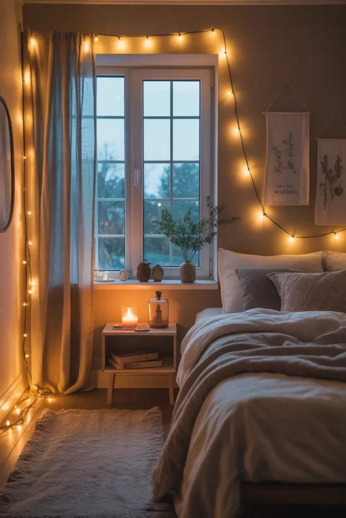 Tiny apartment bedroom corner with warm fairy lights draped around window frame, soft linen curtains, cozy bed with layered blankets, small wooden nightstand with candle and books, golden evening lighting filling room, delicate wall prints above bed, soft rug underfoot, relaxed feminine decor style, Pinterest inspired cozy small bedroom scene