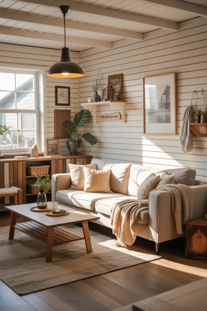 Farmhouse inspired apartment over garage interior with white shiplap walls, wooden coffee table, soft neutral sofa, cozy knit blankets, vintage decor pieces, warm pendant lighting, rustic textures, sunlight through window, Pinterest style cozy apartment photography, welcoming country inspired small living space with relaxed comfortable mood