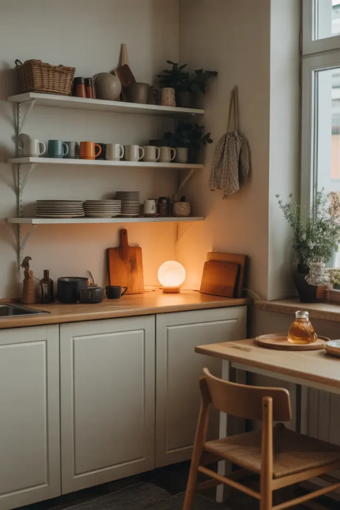 Small cozy apartment kitchen corner with open shelves holding mugs and plates, warm light from small lamp, wooden cutting board leaning against wall, simple dining table nearby, relaxed poor apartment aesthetic kitchen styling, natural textures, Pinterest style realistic interior photography with warm cozy lighting.