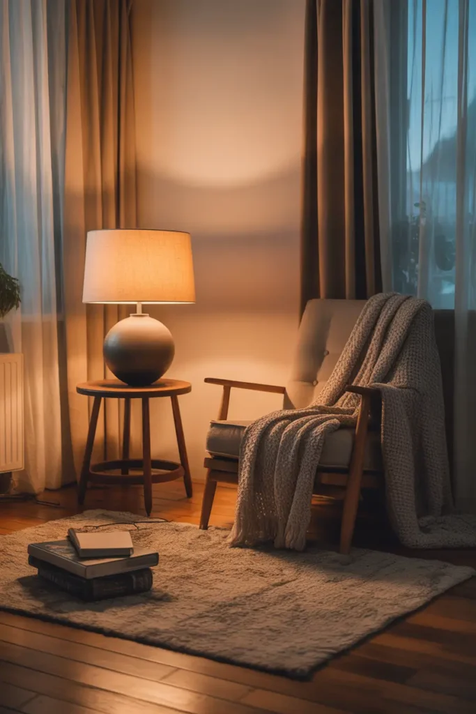 Cozy small apartment living room corner with soft warm table lamp lighting, thrifted wooden side table, second-hand armchair with knitted throw blanket, soft beige rug, slightly worn wooden floor, warm neutral tones, relaxed poor apartment aesthetic, evening lighting coming through thin curtains, gentle shadows, realistic Pinterest style interior photography.