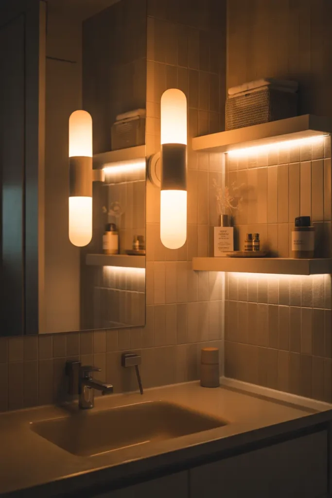 Modern apartment bathroom with layered warm lighting, wall sconces beside mirror, soft LED glow under floating shelves, neutral tile textures, cozy evening ambiance, warm golden light reflecting softly on surfaces, minimalist decor, realistic Pinterest interior scene, calming atmosphere with gentle shadows and inviting modern styling.