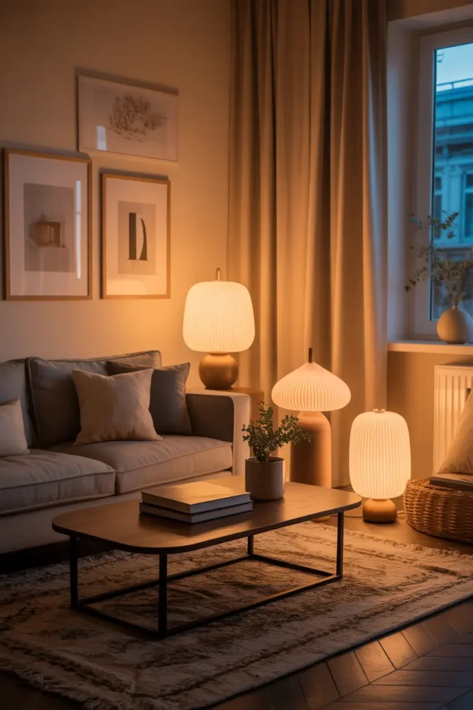 Stylish apartment living space with multiple warm table lamps, soft golden lighting, cozy sofa corner, textured rug, wooden coffee table with books, neutral curtains, dim evening atmosphere, Pinterest-style cozy interior photography with layered light sources creating relaxed peaceful glow.
