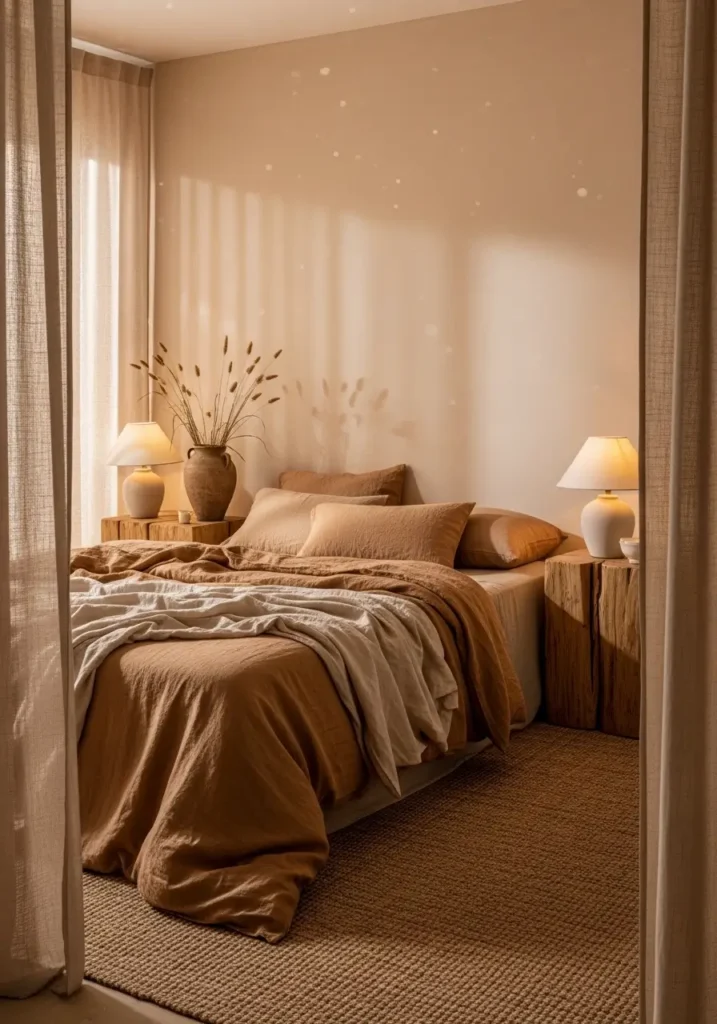 Earthy aesthetic apartment bedroom with warm beige walls, linen bedding in sand and clay tones, wooden nightstands with ceramic lamps, woven rug beneath bed, dried grasses in pottery vase, soft sunlight filtering through linen curtains, cozy Pinterest style natural bedroom interior with layered textures.