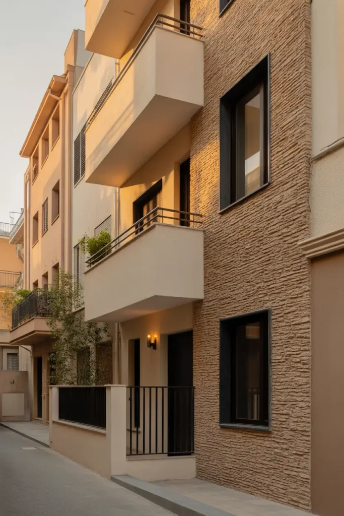Stylish apartment exterior featuring textured natural stone panels mixed with smooth plaster walls, warm beige tones, cozy balcony lighting, modern black window frames, urban street setting with soft golden sunset light, subtle greenery near balconies, high detail Pinterest inspired architectural photography with elegant textures.