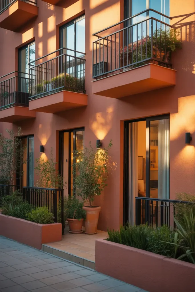 Modern apartment exterior with warm terracotta colored walls, black metal balcony railings, large windows, soft wall lighting casting warm shadows, terracotta planters with green plants near entrance, golden hour sunlight on building, cozy Mediterranean inspired urban apartment design, realistic Pinterest style photography.