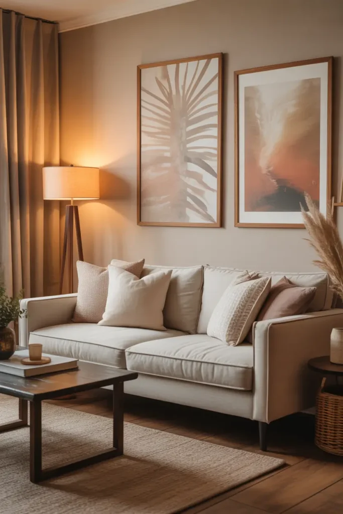 Cozy apartment living room wall with warm neutral artwork, soft beige sofa below, textured pillows, wooden frame wall art, warm lighting from floor lamp, neutral rug, calm Pinterest style interior with warm earthy color palette and inviting relaxed mood.