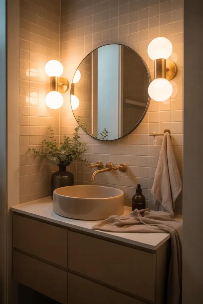 Small stylish apartment bathroom with soft warm wall sconces mounted beside a round mirror. Gentle golden lighting reflects on pale tiles and creates calm evening glow. Simple vanity with ceramic sink, neutral hand towels, and small plant gives cozy welcoming feeling. Pinterest-style bathroom with warm light and soft textures.