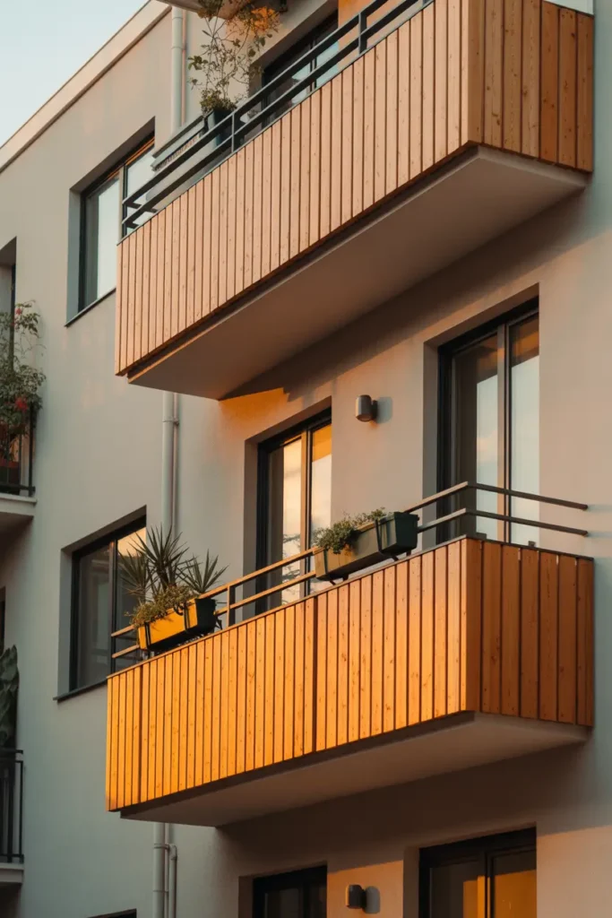 Apartment exterior featuring natural wood balcony panels, light beige modern building walls, simple glass balcony railings, small potted plants along balconies, warm sunset lighting, modern urban apartment architecture, soft natural tones, cozy relaxed atmosphere, realistic Pinterest inspired exterior photography with warm shadows and textures.