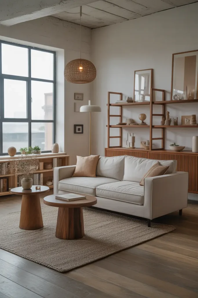 Modern loft apartment with warm wood accents including side tables, shelving, and decor pieces, neutral sofa, pale wood floors, cozy textured rug, Pinterest style interior photography with natural daylight.