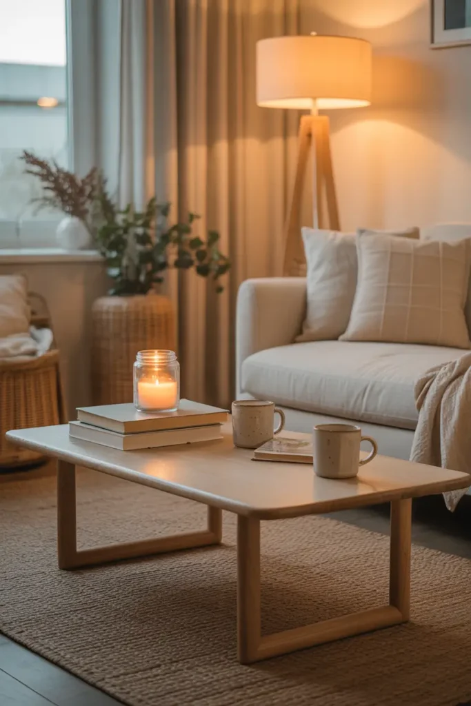 Warm apartment living room scene with natural wood coffee table, ceramic mugs, stacked neutral books, candle in glass jar, soft woven rug underneath, cream sofa nearby, soft golden lighting from floor lamp, cozy apartment interior with relaxed styling and gentle evening atmosphere.