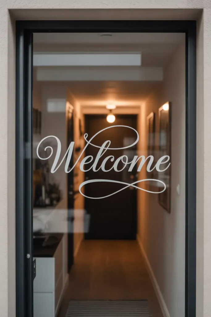 apartment entrance featuring a modern door with elegant script welcome decal in soft frosted finish. Neutral hallway walls, warm ambient lighting, minimalist feminine styling, cozy apartment atmosphere, realistic reflections, balanced composition with gentle shadows and welcoming home feeling.