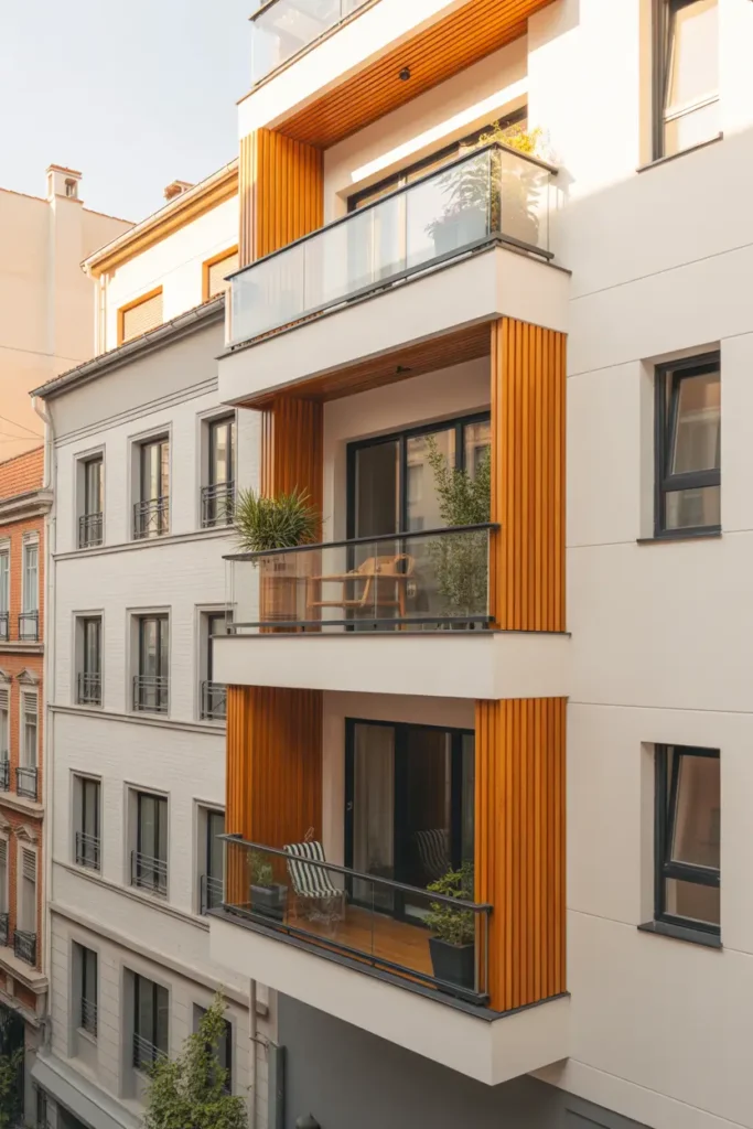 Stylish apartment building exterior with bright white walls paired with warm wooden balcony panels, glass railings, soft sunlight illuminating textures, cozy balconies with plants and small seating, modern city neighborhood setting, Pinterest style architectural photography showing balanced warm and cool tones.