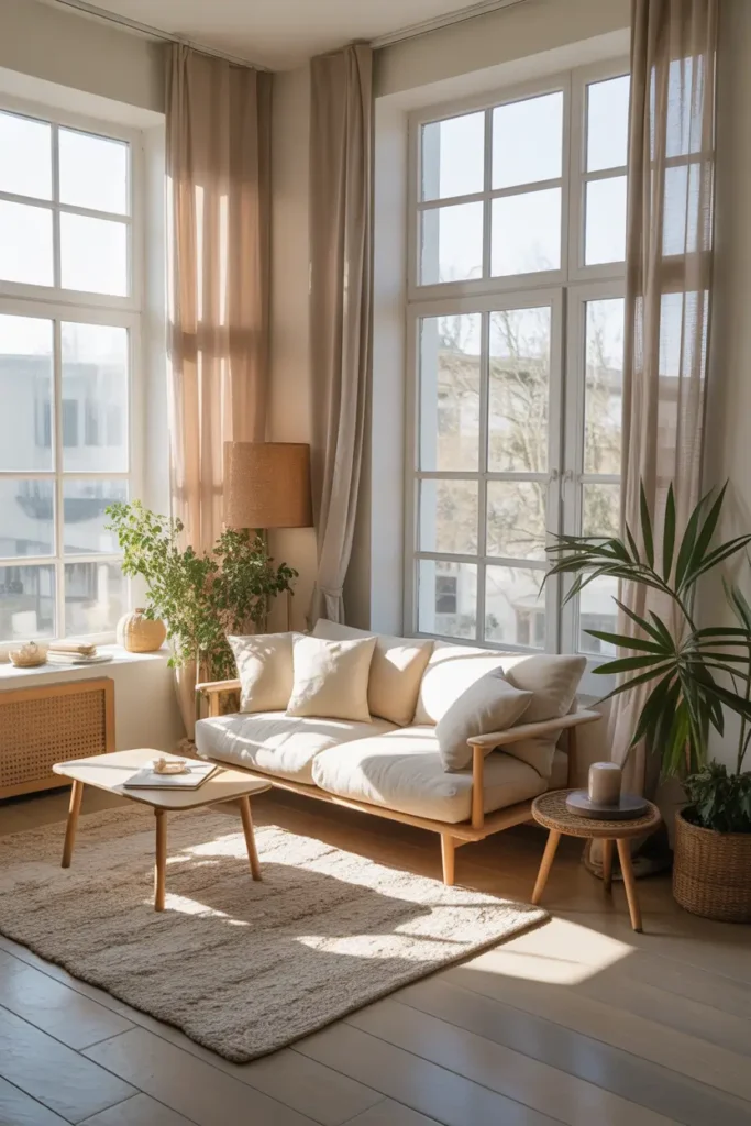 Bright loft apartment seating area facing large windows, cozy sofa with soft cushions, light linen curtains, pale wood floors, warm sunlight pouring into space, Pinterest style interior photography with peaceful airy atmosphere.
