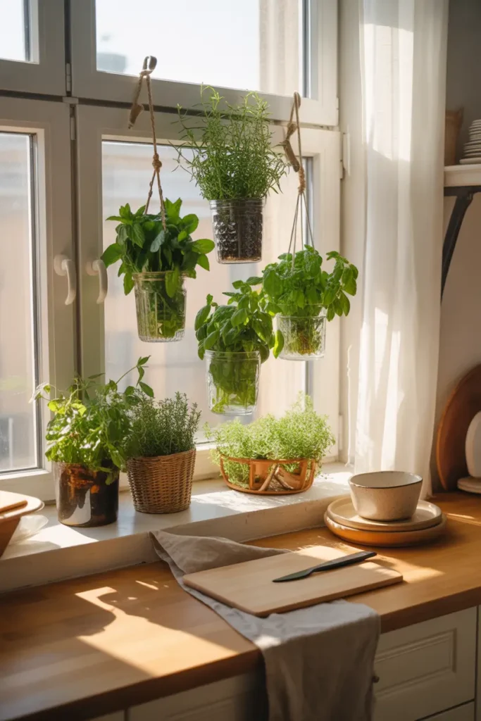 Apartment kitchen window decorated with hanging glass jars filled with fresh herbs like mint and basil, natural sunlight pouring through white curtains, wooden countertop below with cutting board and linen cloth, neutral ceramic dishes nearby, Pinterest style cozy kitchen scene with bright greenery, warm lighting, and relaxed home atmosphere.