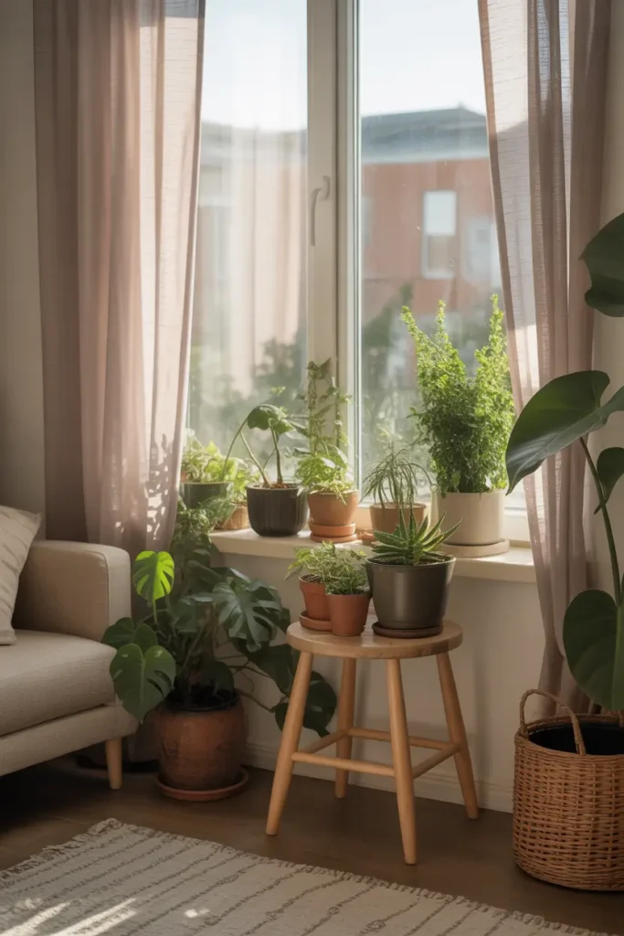 Small apartment window corner with several houseplants on simple wooden stool and windowsill, warm sunlight shining through light curtains, cozy neutral living space, second hand furniture, relaxed poor apartment aesthetic, soft shadows on walls, natural greenery adding life to room, Pinterest style realistic interior photography.