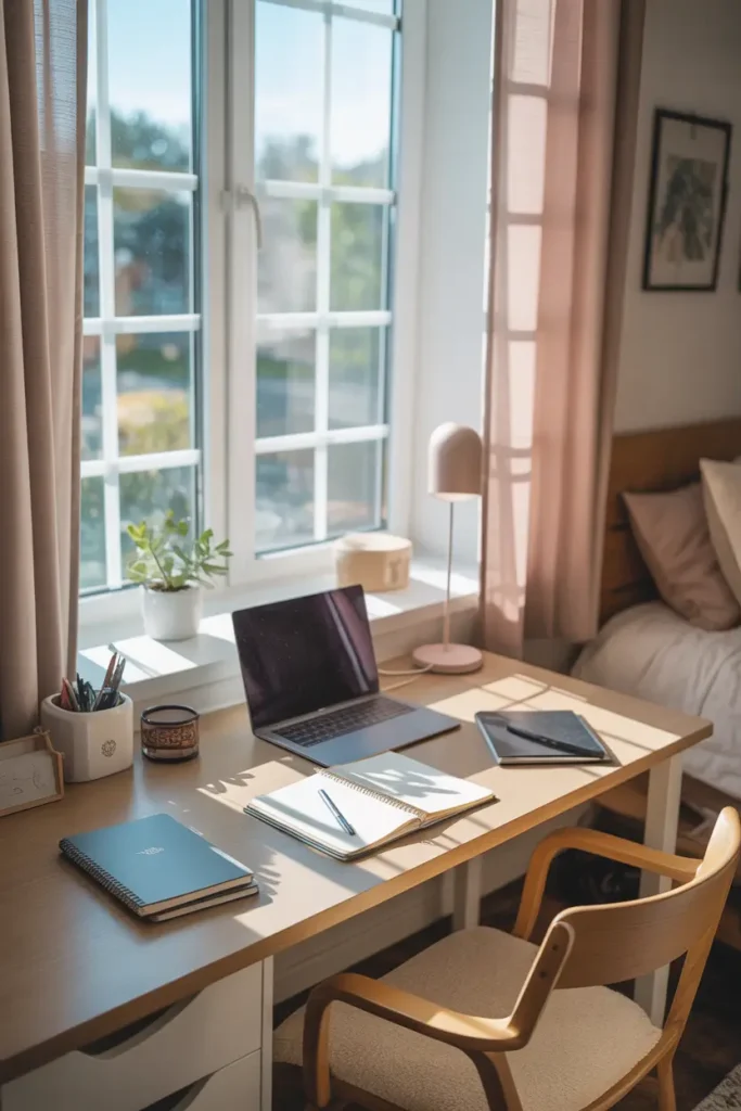 Bright dorm room desk placed next to large window with soft curtains, natural sunlight pouring across desk surface, notebooks and laptop arranged neatly, small indoor plant on windowsill, cozy neutral bedding behind desk, warm soft textures and calming color palette creating airy Pinterest style dorm study space with peaceful atmosphere.