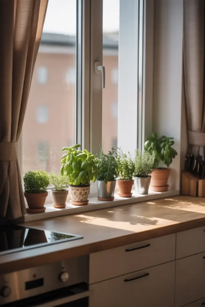 Bright apartment kitchen window with soft morning sunlight pouring through sheer curtains, small terracotta and ceramic pots lined along a white windowsill filled with basil, mint, rosemary, and thyme, cozy wooden countertop below, neutral tones, soft shadows, modern apartment interior, Pinterest style photography, warm natural lighting, calm and airy atmosphere with subtle textures and greenery focus.