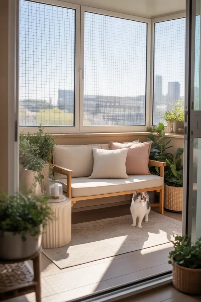 apartment balcony with light framed mesh safety panels, soft cream outdoor rug, slim wooden bench with beige seat cushion, textured planters with green plants, bright natural daylight, airy feminine decor, warm apartment styling, cozy cat-friendly setup, realistic shadows and textures, soft neutral palette, city apartment balcony turned into a safe relaxing nook, elegant small space design, detailed home photography look, inviting mood, polished pet-safe balcony scene