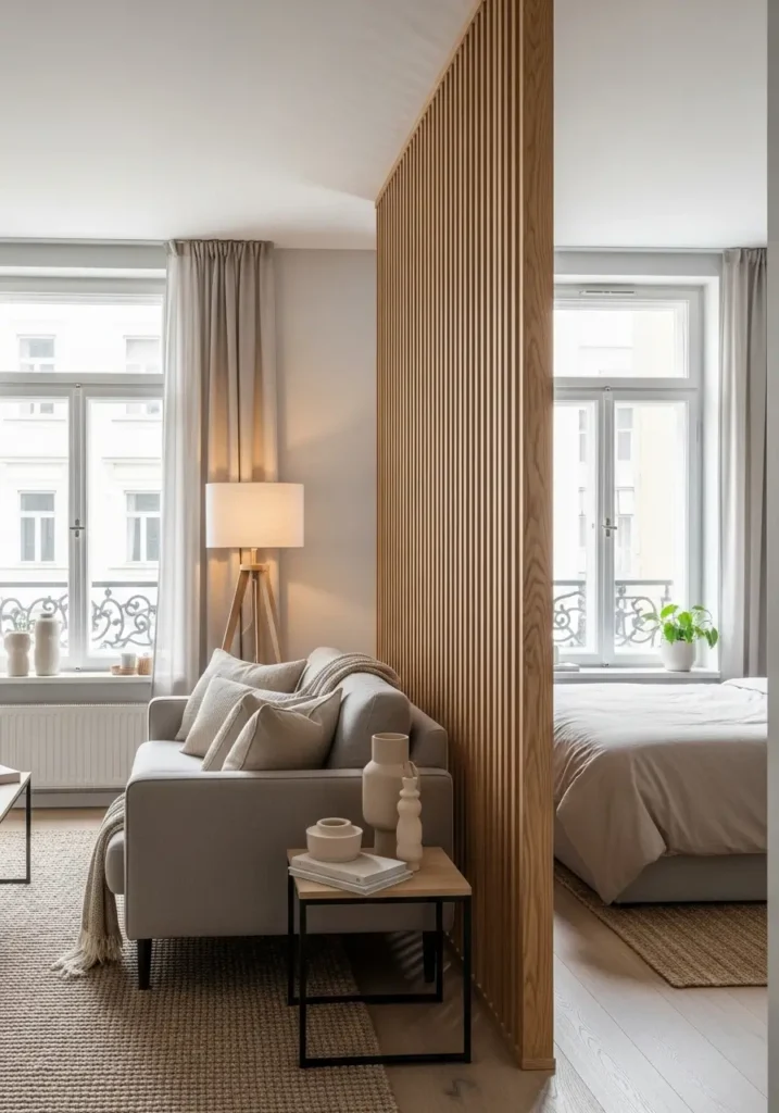 Modern studio apartment with vertical wood slat divider separating sleeping area from living room, warm oak tones, cozy neutral sofa, soft beige bedding, woven rug, floor lamp casting soft glow, minimal decor, natural light entering through large windows, Pinterest inspired interior styling with warm textures and relaxed modern atmosphere.

