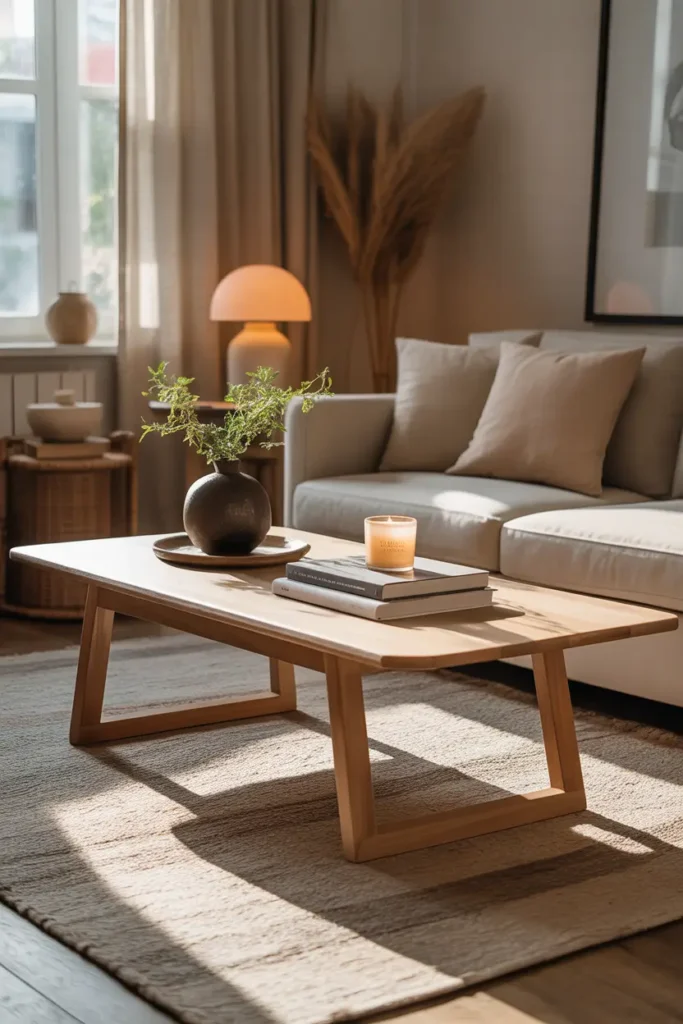 Pinterest-style apartment living room with simple wooden coffee table, neutral sofa, stacked books, ceramic candle, textured rug, warm afternoon sunlight filling room, cozy minimalist styling with natural materials and calm atmosphere.
