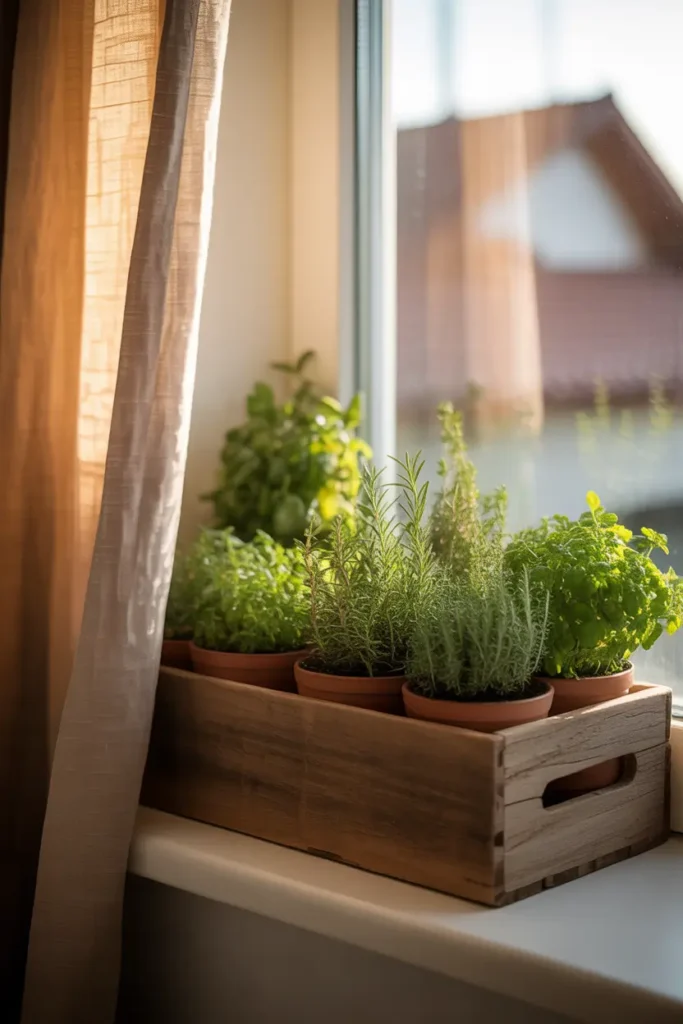 Cozy apartment window with rustic wooden crate sitting on the sill filled with small herb pots, rosemary, thyme, and parsley growing in terracotta containers, soft golden sunlight streaming inside, linen curtain blowing slightly, warm wood textures, calm home styling, bright airy room, Pinterest inspired interior photo.