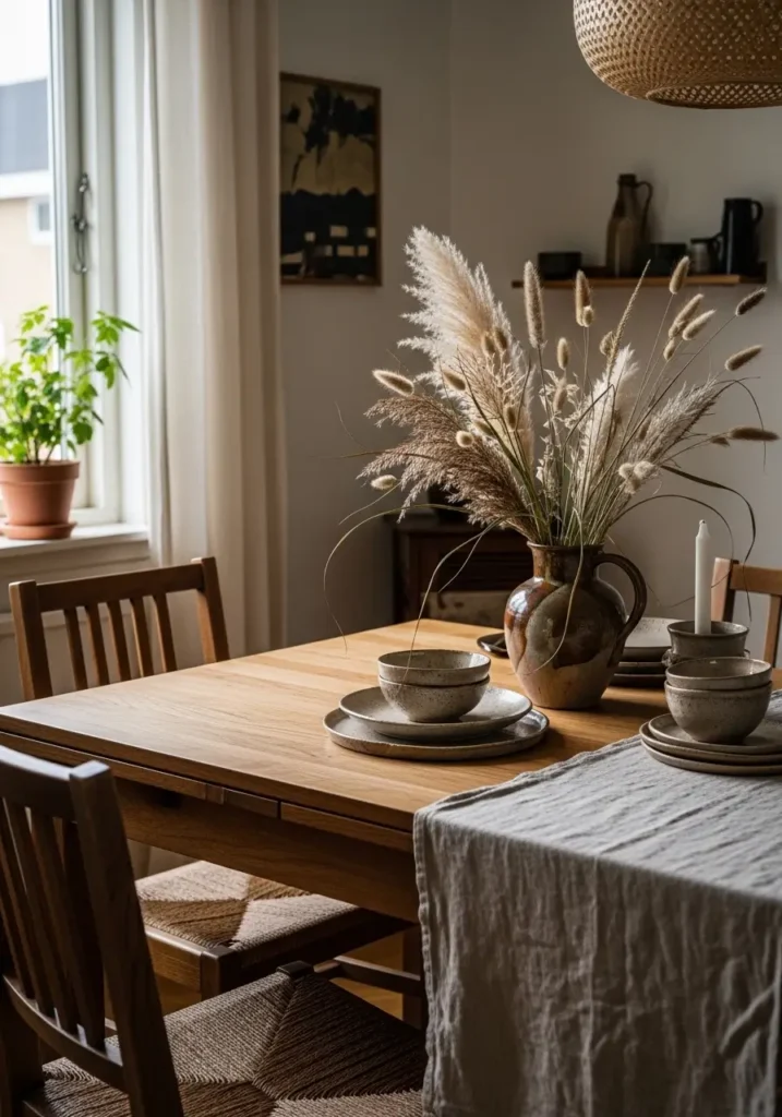 Cozy earthy apartment dining corner with warm wooden dining table, linen table runner, ceramic plates and clay bowls, woven dining chairs, dried grasses centerpiece in pottery vase, warm natural sunlight from nearby window, neutral earthy palette with beige and wood tones, Pinterest style cozy apartment dining space.