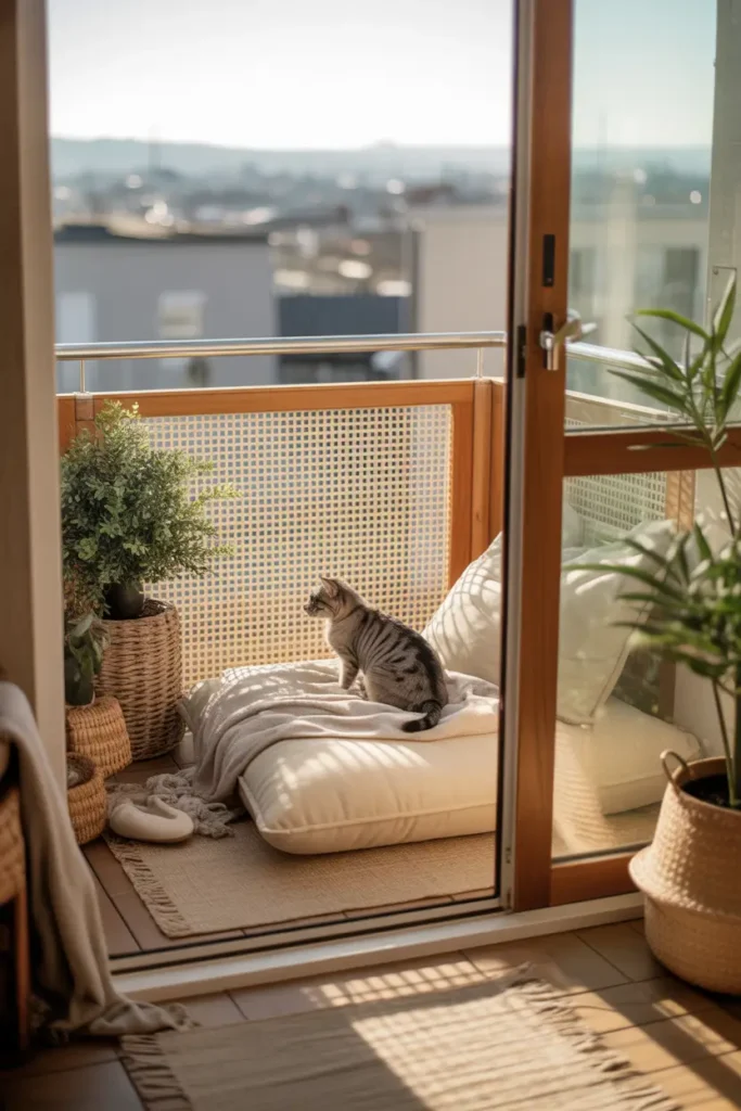 cat proof apartment balcony with warm wooden frame safety screen, cream outdoor seating pad, woven basket planter, linen throw, neutral rug, soft morning sunlight, apartment city view in background, cozy feminine styling, natural wood textures, tiny balcony arranged like an outdoor room, realistic potted greenery, peaceful pet-friendly setup, tasteful decor details, gentle shadows, airy apartment mood, layered textiles, warm and inviting realistic interior photography feel