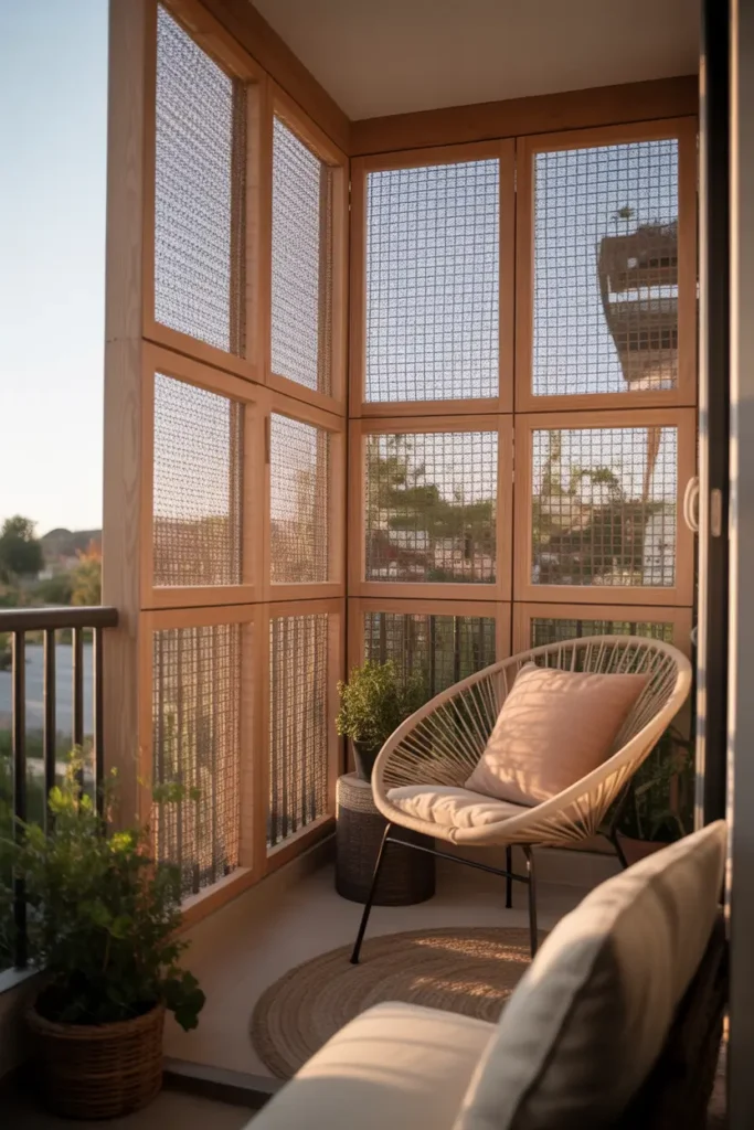 small apartment balcony with light wood frame screen wall panels, mesh screens neatly stretched within wooden frames, cozy boho chair with neutral cushion, small round rug on balcony floor, warm afternoon sunlight casting soft shadows through mesh pattern, peaceful apartment balcony styled with plants and natural textures.
