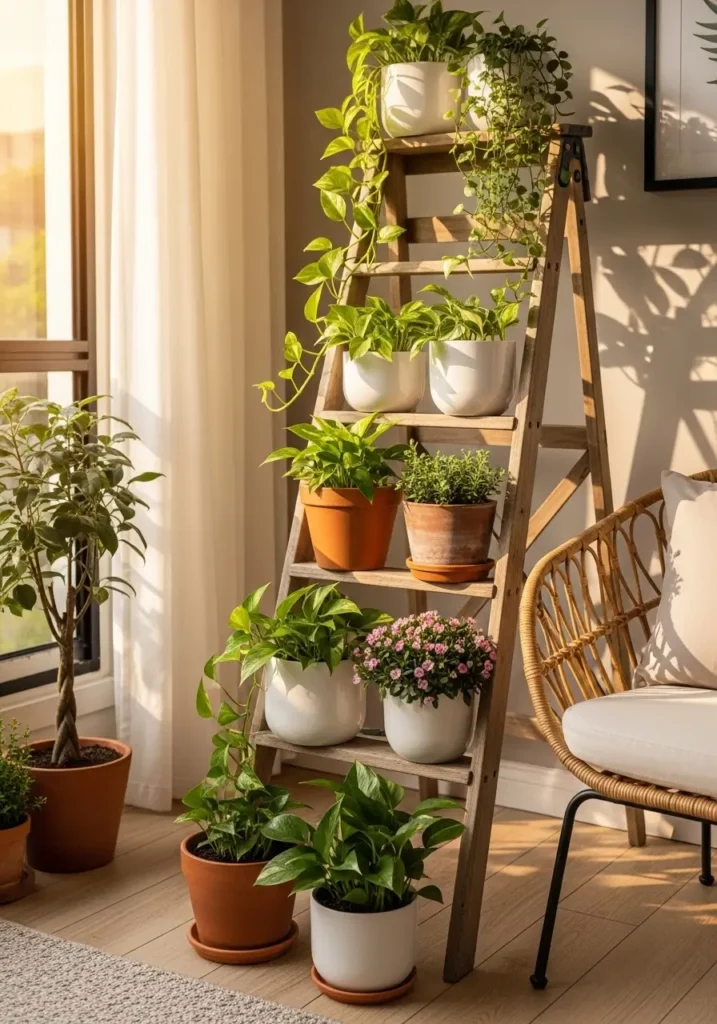 Small apartment patio styled with a wooden ladder used as a plant display, several terracotta and white ceramic pots placed on each step filled with trailing pothos, ferns, and small flowering plants, warm afternoon sunlight touching the leaves, light wood flooring, cozy wicker chair with a soft cream cushion nearby, calm feminine patio garden scene with natural textures and relaxed Pinterest style.