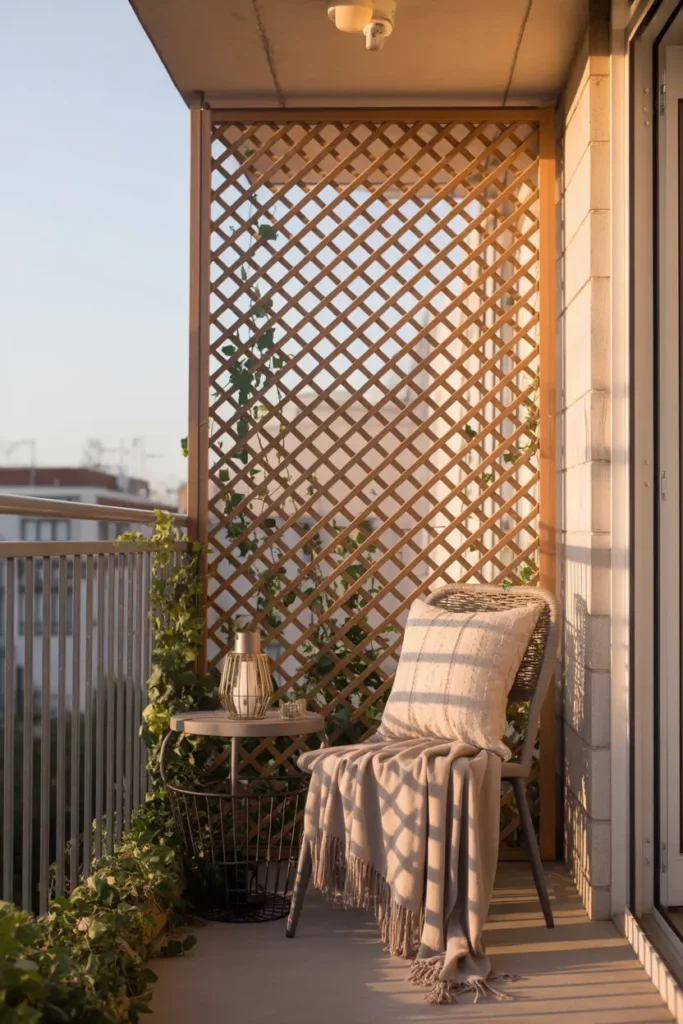 Apartment balcony corner with wooden lattice privacy panel attached to railing, climbing ivy weaving through the wood pattern, cozy outdoor chair with soft beige throw blanket, small lantern on side table, warm late afternoon sunlight creating soft shadows through lattice design, calm Pinterest balcony aesthetic.