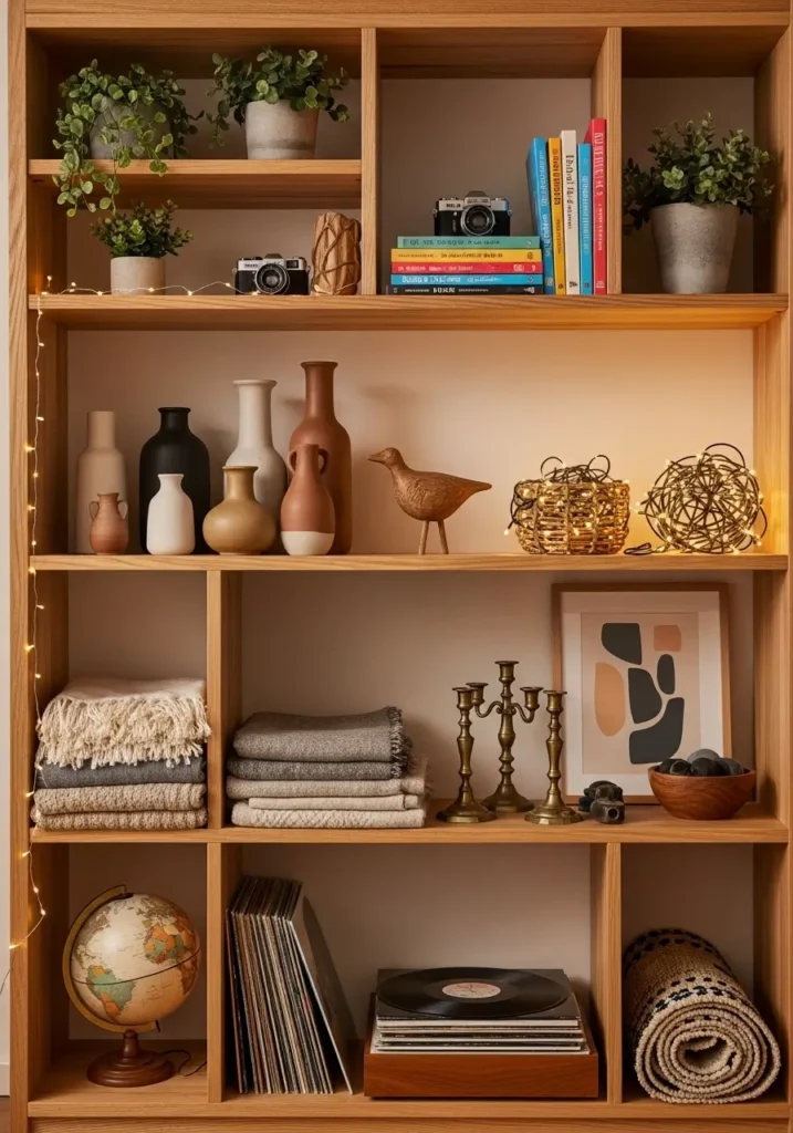 Cozy earthy apartment wall with open wooden shelves displaying clay pottery, small plants, woven baskets, stacked books, and ceramic mugs, warm sunlight highlighting wood grain texture, neutral walls and linen curtains in background, Pinterest inspired earthy apartment styling with natural decor and calm interior lighting.