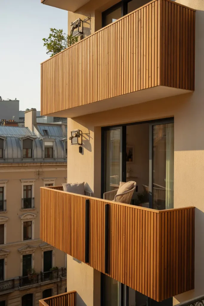 Urban apartment exterior with vertical wooden balcony panels, warm natural wood texture, soft afternoon sunlight hitting the building facade, cozy balcony seating visible through slats, neutral wall tones, stylish city neighborhood background, Pinterest style architectural photo highlighting warm textures and relaxing atmosphere.