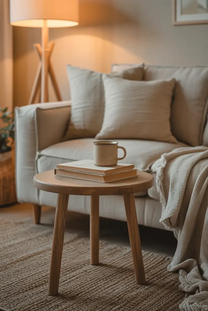 Cozy apartment living room with small natural wood side table beside beige sofa, ceramic mug resting on table, stack of soft toned books, linen pillow textures, woven rug under seating area, warm floor lamp glow, soft evening atmosphere, Pinterest style apartment interior filled with calm earthy tones and layered cozy materials.
