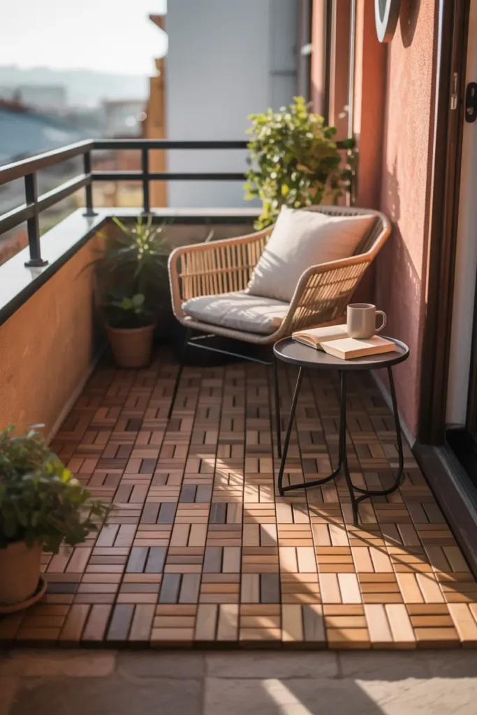 Tiny apartment balcony patio with interlocking wooden floor tiles covering concrete surface, warm natural wood tones glowing in soft afternoon sunlight, small woven chair with neutral cushions, compact side table holding coffee mug and book, potted plants placed along railing, cozy textures and warm lighting creating peaceful Pinterest style small balcony patio atmosphere.