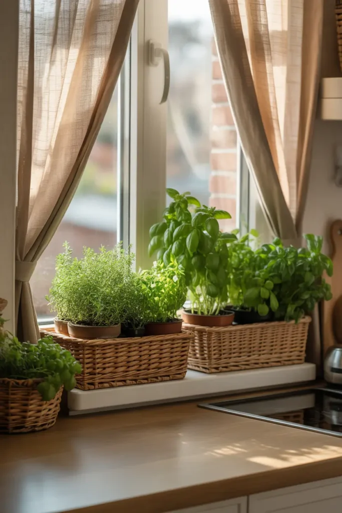 Cozy apartment kitchen window with woven baskets holding herb pots placed on windowsill and nearby counter, basil, parsley, and mint growing in terracotta containers inside baskets, warm sunlight pouring through linen curtains, wooden countertop, soft earthy tones, Pinterest-style interior photography with natural textures and relaxed home feeling.