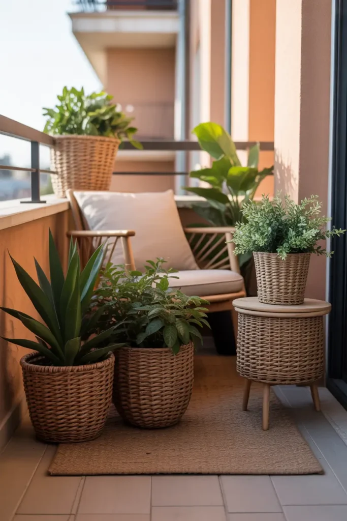 Small apartment balcony corner styled with woven basket planters filled with leafy plants, textured natural baskets sitting on light wooden floor tiles, cozy neutral chair beside plants, warm sunlight filtering across balcony railing, earthy textures and soft shadows creating calm Pinterest style tiny balcony patio corner.