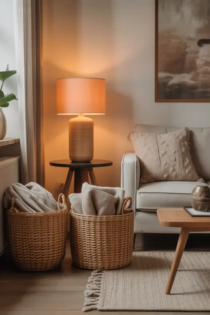Warm apartment living room styled with woven baskets beside sofa, blankets folded inside baskets, wooden coffee table, neutral sofa with textured pillows, soft rug, warm lamp lighting, natural materials and relaxed Pinterest style interior with calm cozy apartment aesthetic.