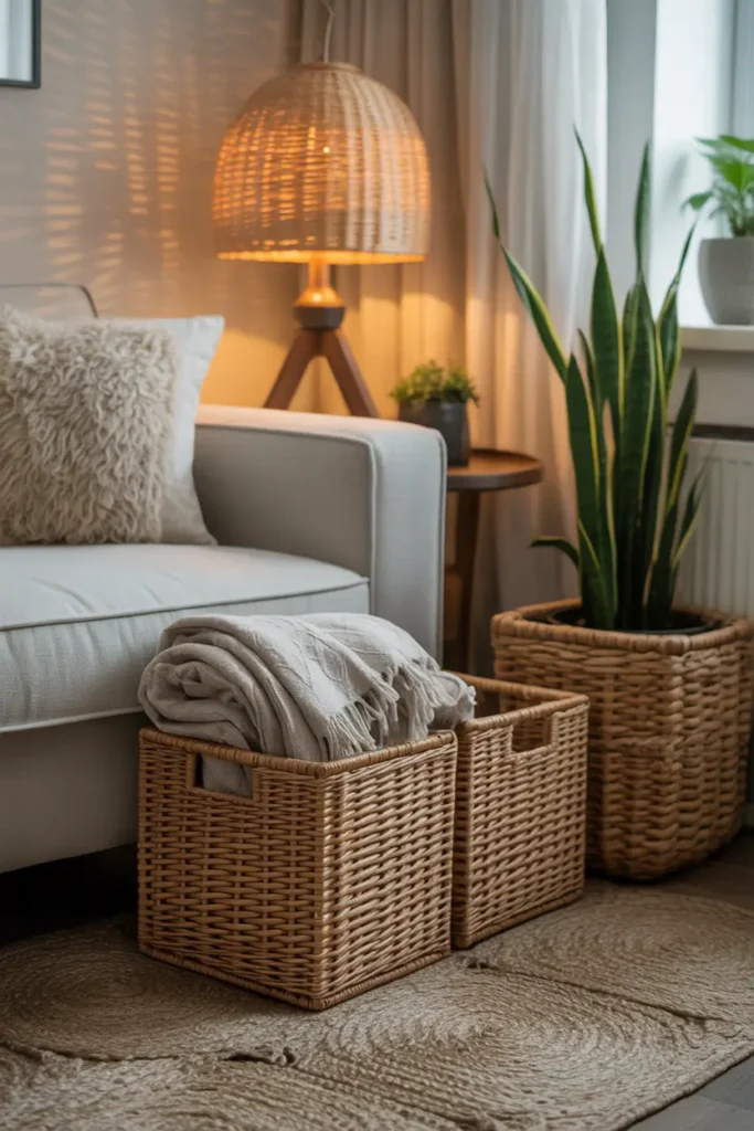 Pinterest-style apartment living room corner with woven storage baskets beside sofa, folded blankets inside baskets, wooden side table with plant, textured rug, warm soft lighting, cozy neutral interior styling with natural textures.