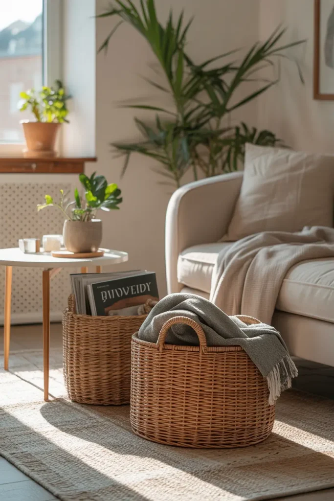 Cozy apartment living room corner with woven storage baskets holding blankets and magazines, soft rug beneath, neutral sofa nearby, warm sunlight entering through window, textured natural materials, Pinterest-style interior photography with calm relaxing mood.