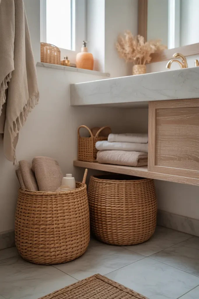 Cozy apartment bathroom corner with woven seagrass baskets placed under a floating vanity. Baskets hold folded towels and bath essentials. Light marble floor, soft white walls, and warm wooden accents create calming spa feeling. Natural textures like wicker and linen towels add warmth while sunlight filters softly through a small bathroom window.