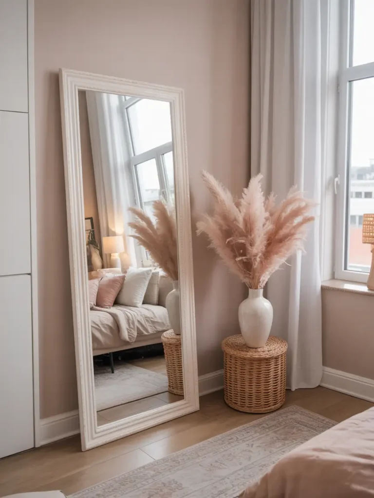 Bright small rental apartment with tall full length mirror leaning against a wall, natural light reflecting across room, soft neutral decor, cozy feminine styling, blush and beige accents, realistic bedroom or living room interior, airy layout, pretty rug, white curtains, calm and polished apartment mood, elegant renter friendly decor, compact room made to feel larger and brighter through reflective detail and soft warm light