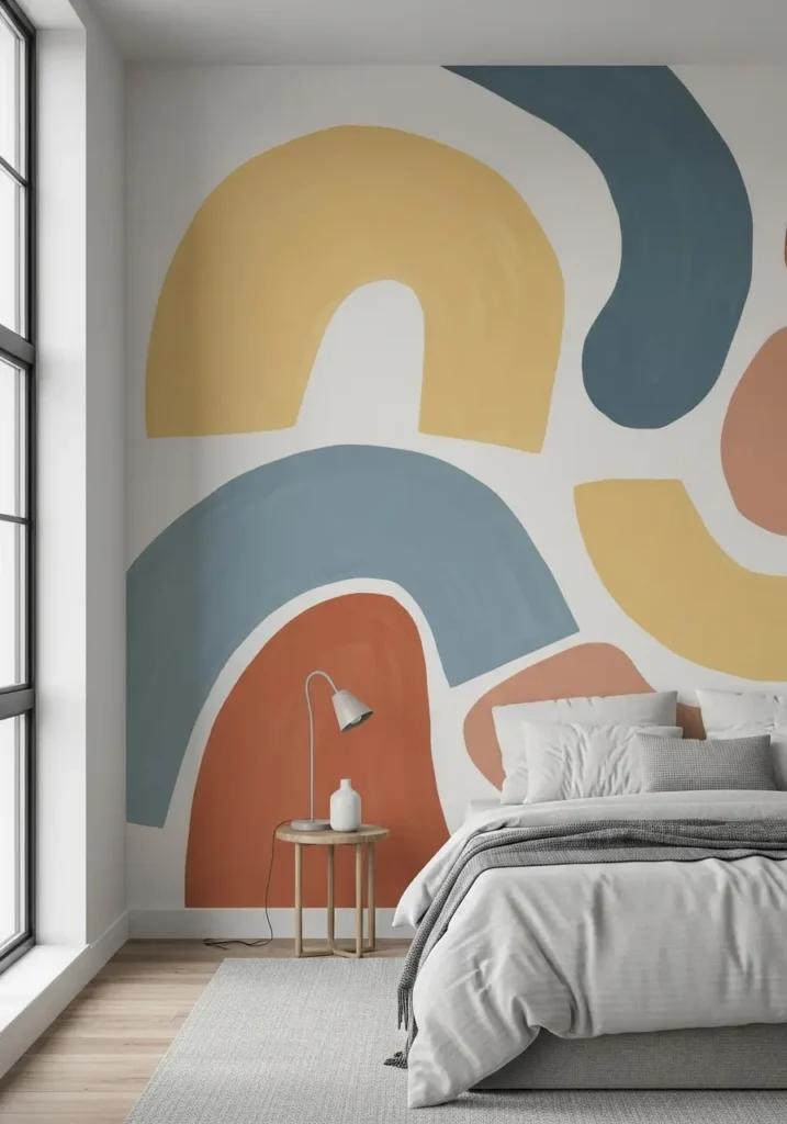Modern bedroom featuring abstract painted wall shapes in blush, beige, and muted rust tones, cozy bedding layers, wooden furniture pieces, soft afternoon sunlight entering the room, minimalist decor styling, Pinterest-inspired interior photography capturing artistic warm atmosphere.

