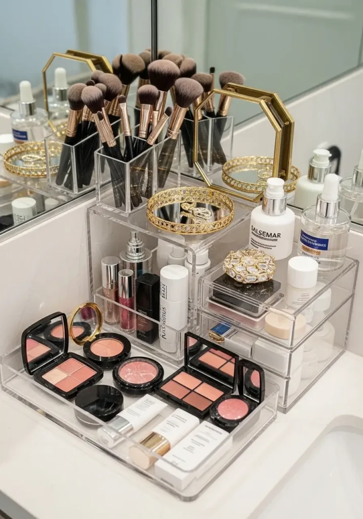 Small apartment bathroom counter with acrylic organizers holding makeup, lip balm, brushes, skincare, blush and gold accents, feminine modern decor, tidy vanity, realistic compact layout, polished and airy mood, clean clear storage, photo realistic girly bathroom interior with neat stylish countertop arrangement